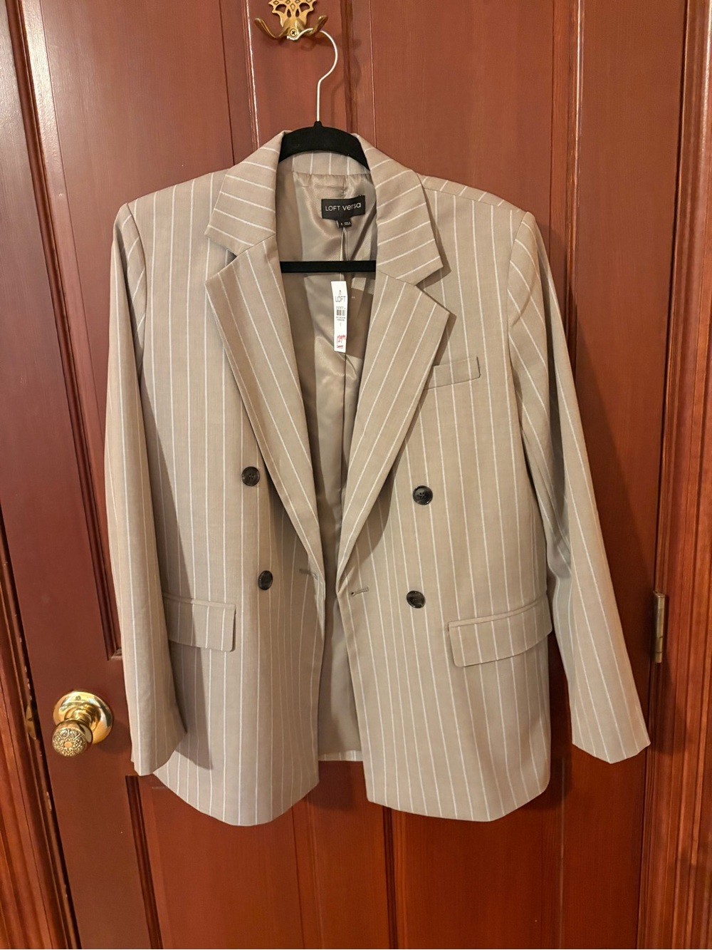 LOFT Beige Pinstripe Double-Breasted Blazer